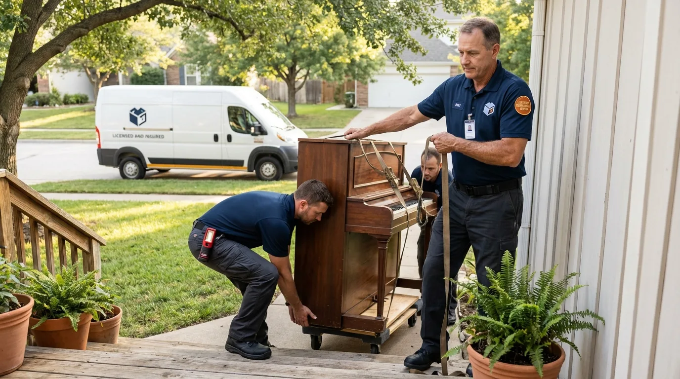 Licensed piano movers securing grand piano in Tecumseh, NE