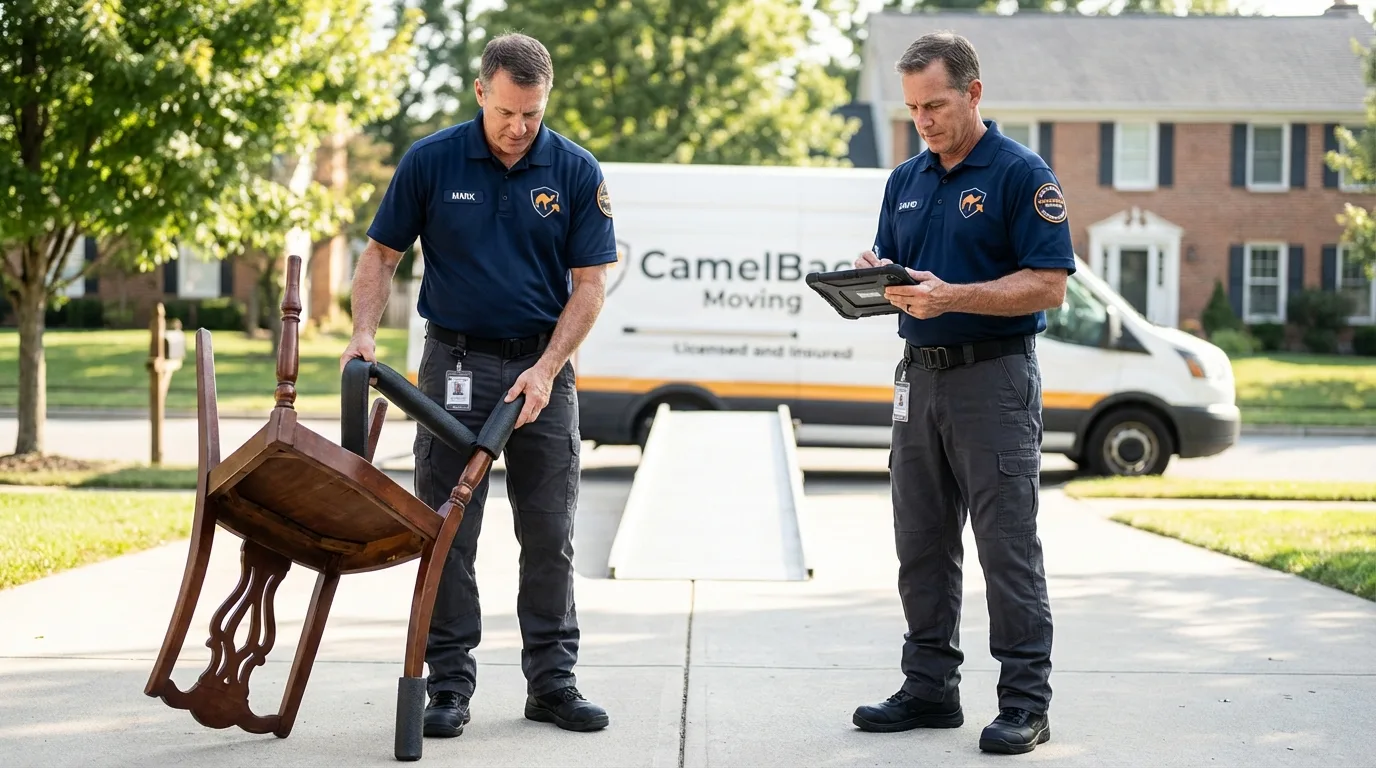 Movers inspecting furniture for damage prevention before loading in Tecumseh, NE