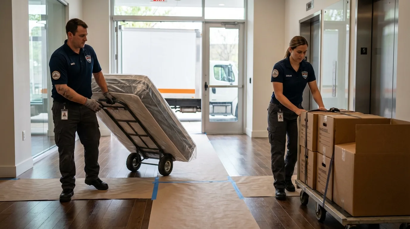 Professional apartment movers loading elevator in Tecumseh, NE